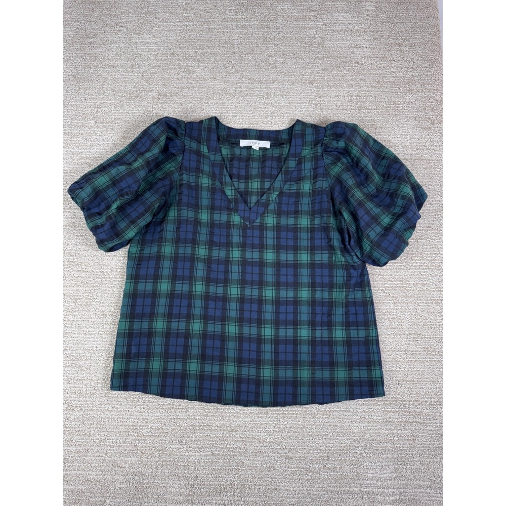 Loft Womens Green Navy Blue Plaid V-Neck Puff Short Sleeve Blouse Size S